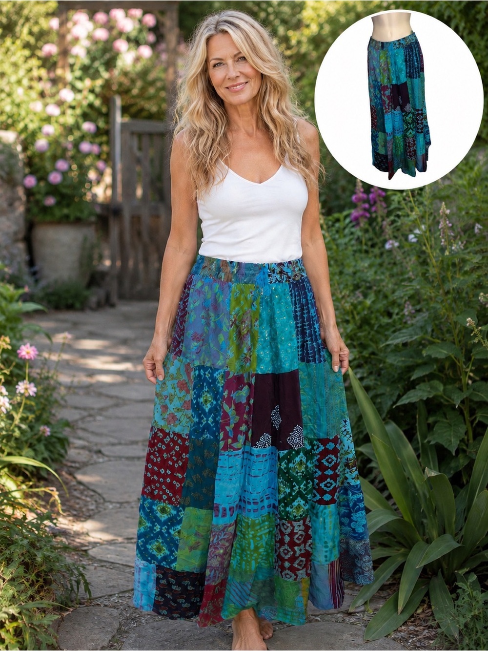 India Boutique Free Size Bohemian Patchwork Maxi Skirt in Teal & Blue